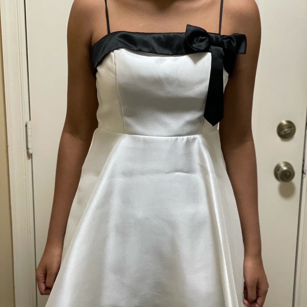Camille La Vie White Satin Evening Dress Black Bow